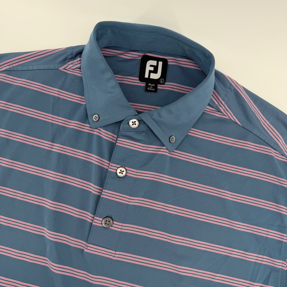 FootJoy Polo Shirt Mens Large Blue Pink Striped Short Sleeve Button Down Collar